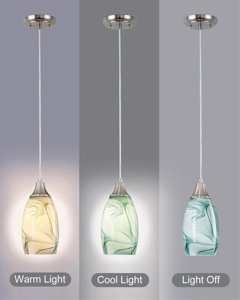 karyfine Mini Pendant Lights Kitchen Island Light Brown Glass Lamp Shade Hand Blown Glass Pendant Light with Brush Nickel Finish Adjustable Cord for Kitchen Over Sink (Green Marble-1Packs) - Image 2
